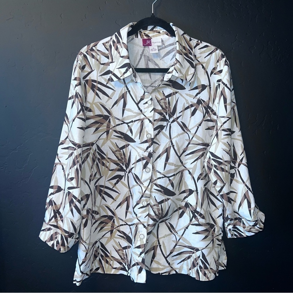 JM Collection | 100% Linen Brown & White Foliage Print Button Up Blouse Size:14
